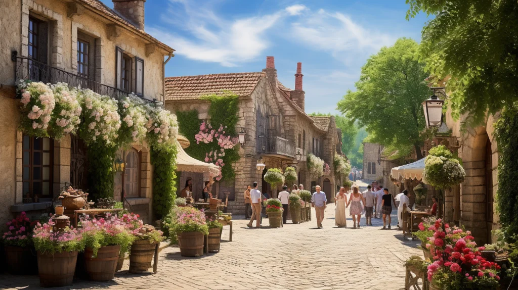 A Captivating Scene At Puy Du Fou A captivating scene at Puy du Fou, the renowned historical theme park in France. A group of visitors, dressed in period costumes, engage in animated conversations while strolling through the picturesque streets of the park's medieval village. The narrow cobblestone pathways are adorned with vibrant flowers, quaint shops, and charming cafes, creating a lively and immersive atmosphere. The warm sunlight filters through the ancient buildings, casting soft shadows on the bustling scene. Landscape Photography, captured with a wide-angle lens (24mm), enhancing the grandeur of the architecture and the authenticity of the experience