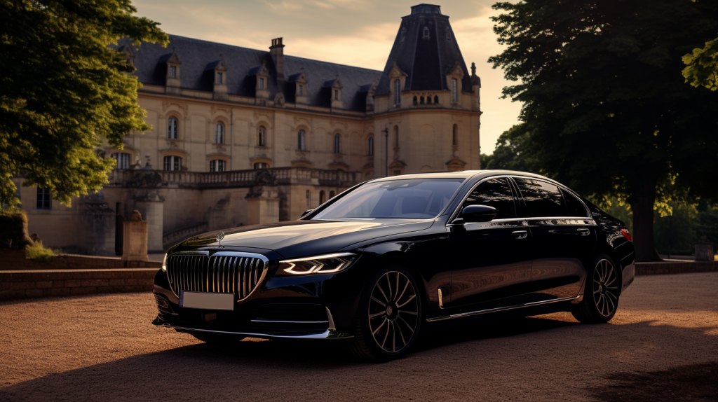 A luxurious private car parked in front of a grand Parisian hotel, ready to embark on a journey to Puy du Fou. The car is sleek and black, with tinted windows and polished exterior. The chauffeur stands by the car, dressed in a professional uniform, holding the passenger's luggage. The surroundings showcase the elegance of Paris, with ornate buildings, cobblestone streets, and a glimpse of the Eiffel Tower in the distance. The atmosphere is sophisticated and refined, highlighting the exclusivity and comfort of the private car service.