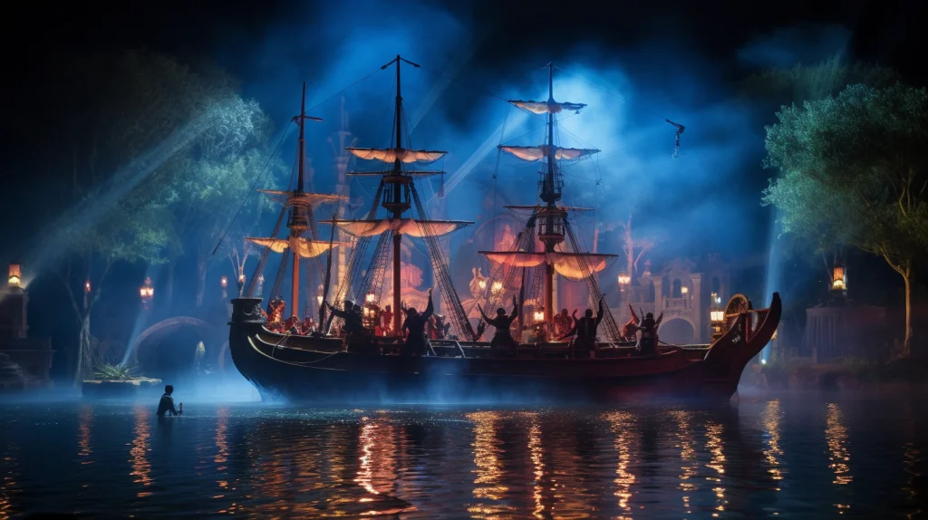 A Mesmerizing Night Show At Puy Du Fou A mesmerizing night show at Puy du Fou, featuring a grand display of lights, pyrotechnics, and water effects. The stage is set in a vast lake, surrounded by lush greenery and towering trees. The performers are dressed in elaborate costumes, showcasing the rich history of France. The atmosphere is filled with excitement and anticipation as the audience watches in awe. Landscape Photography, captured with a wide-angle lens, emphasizing the grandeur of the show and the natural beauty of the surroundings