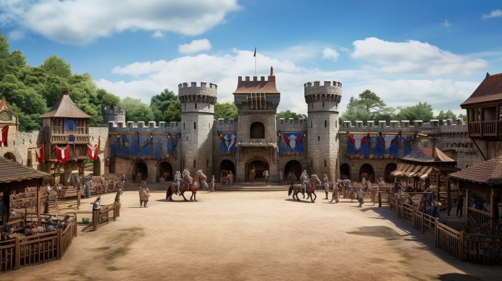 A picturesque view of Puy du Fou, capturing the grandeur of its historical reenactments, with knights and horses engaged in a thrilling jousting tournament, surrounded by cheering crowds