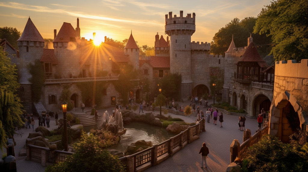 A picturesque scene at Puy du Fou during the golden hour, with the sun setting behind the medieval castle, casting a warm glow on the surrounding gardens and pathways. The air is filled with excitement as visitors explore the historical reenactments and performances, capturing the essence of the park's immersive experience. Landscape Photography