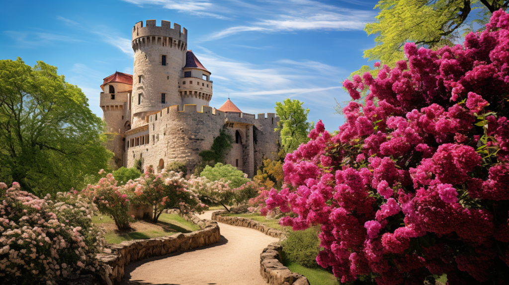 An enchanting view of the Puy Du Fou castle, standing proudly amidst a lush green landscape, surrounded by blooming flowers and vibrant trees, clear blue sky above, capturing the grandeur and charm of this historical site