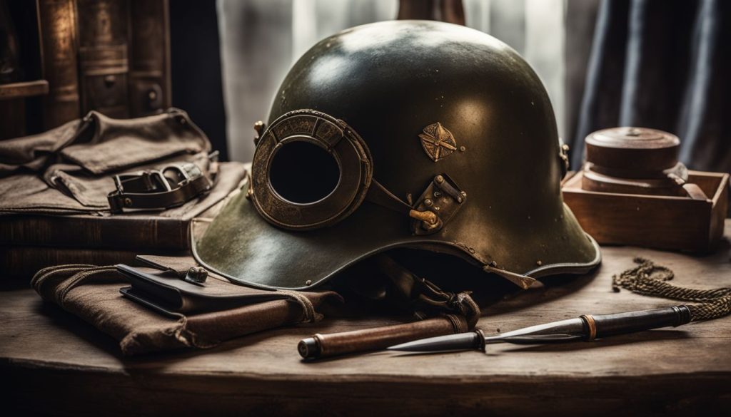 A collection of vintage military artifacts, including an old helmet, displayed in a well-lit and bustling atmosphere.