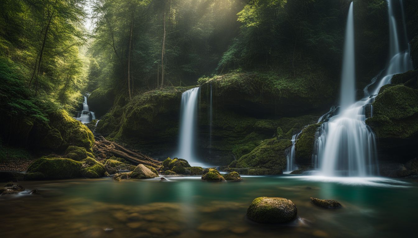 A picturesque waterfall in a lush forest, captured in stunning detail by a professional photographer.