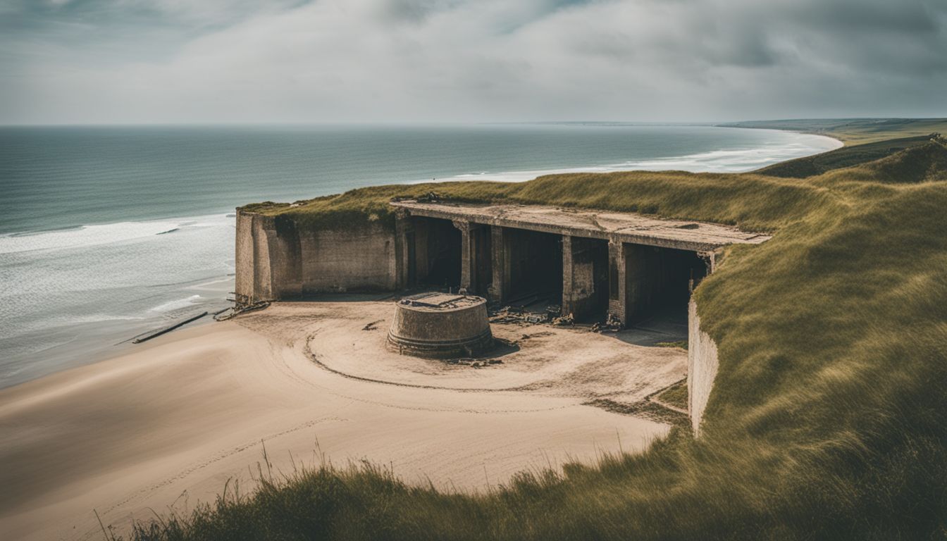 A photo of a Normandy beach bunker overlooking the ocean, showing various faces, hairstyles, and outfits, without any humans present.