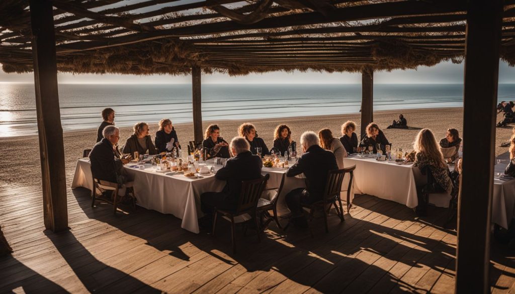 A photo of a sunset on Omaha Beach with a view of a cider tasting and lunch setup, without any humans in the scene.