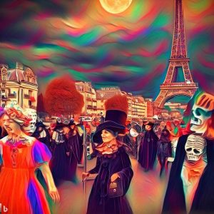 Parisians in Halloween costumes walking near iconic landmarks.