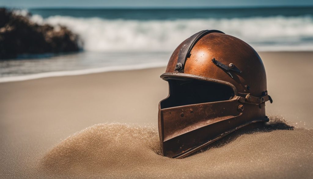 A rusted helmet lies on a sandy beach with crashing waves in the background, capturing a bustling and vibrant seascape.