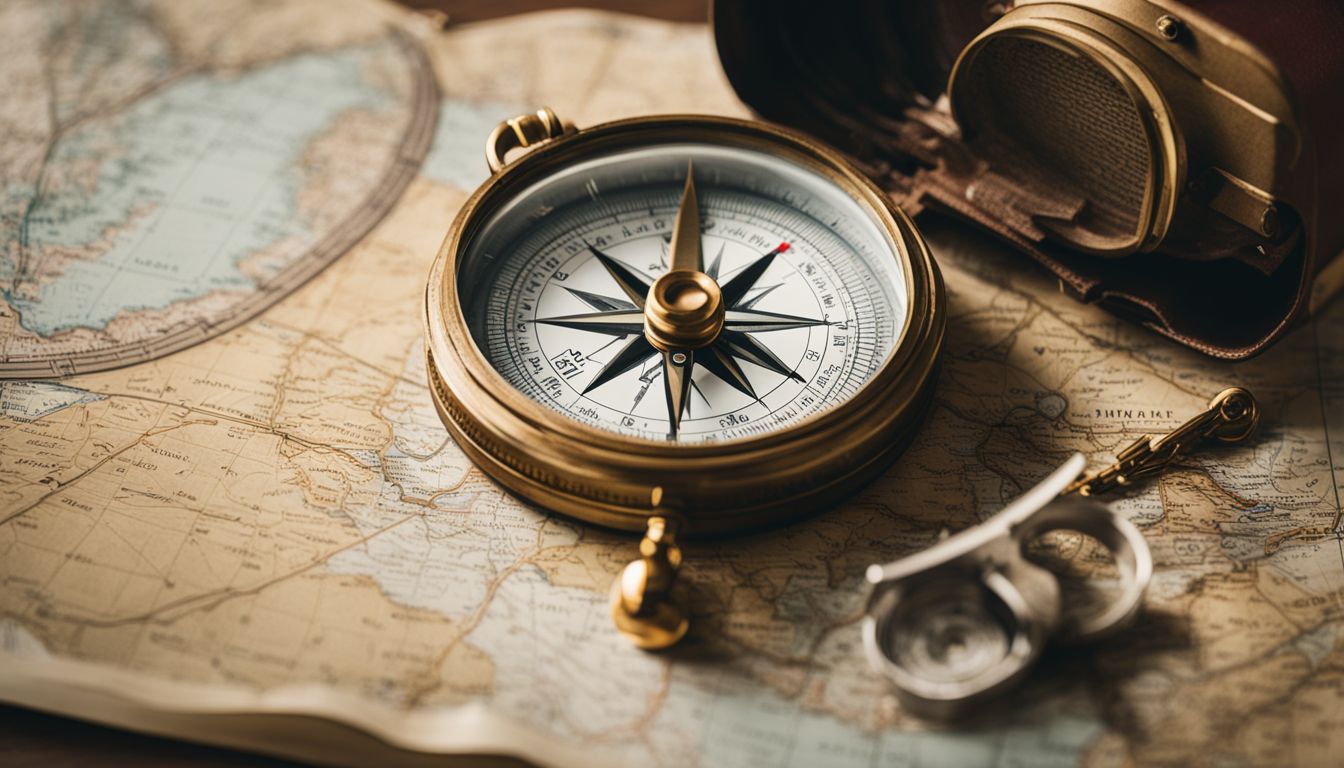 A photo of travel essentials including a vintage compass and a map of Normandy, surrounded by different faces, hairstyles, and outfits.