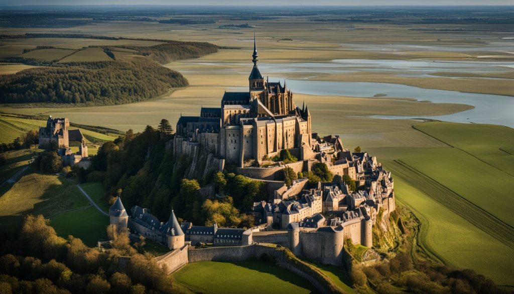 A photo of Mont Saint-Michel, surrounded by beautiful landscape, featuring diverse people, well-lit and in sharp focus.