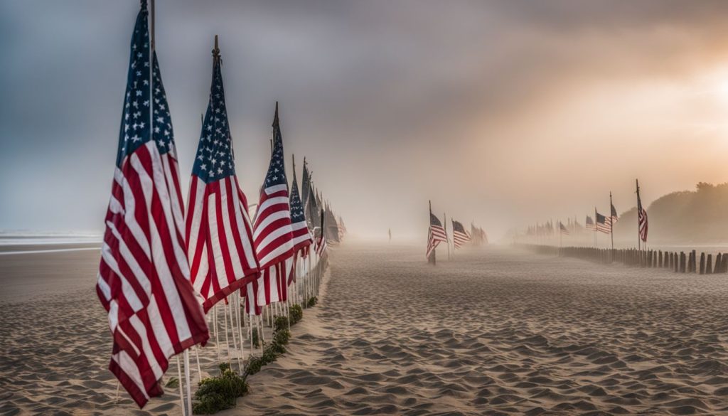 A solemn row of American flags against the misty backdrop of the Normandy D-Day Beaches, without any human presence.