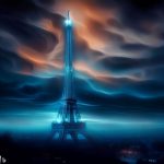 A panorama of the Paris skyline at night, with the Eiffel Tower prominently showcased, surrounded by an aura of purple and orange Halloween hues.