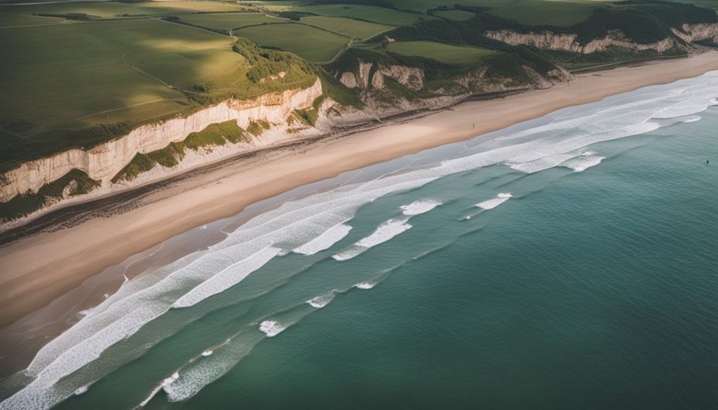 Aerial view of Omaha Beach, with cliffs and the sea, showcasing different faces, hair styles, and outfits.