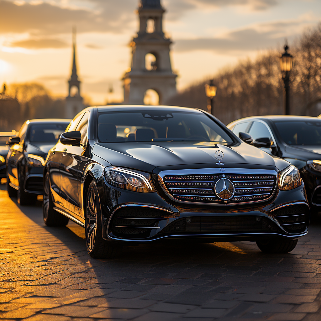 Automotive Photography of a lineup of Mercedes E-Class sedans, luxurious S-Class Mercedes 2023 series, VIP Sprinter vans, powerful SUVs, and stately limousines parked in front of an iconic Parisian airport. The vehicles exude opulence, their sleek curves and polished finishes glinting in the sunlight. Against the backdrop of the landmark, the scene captures a sense of prestige and modernity. 