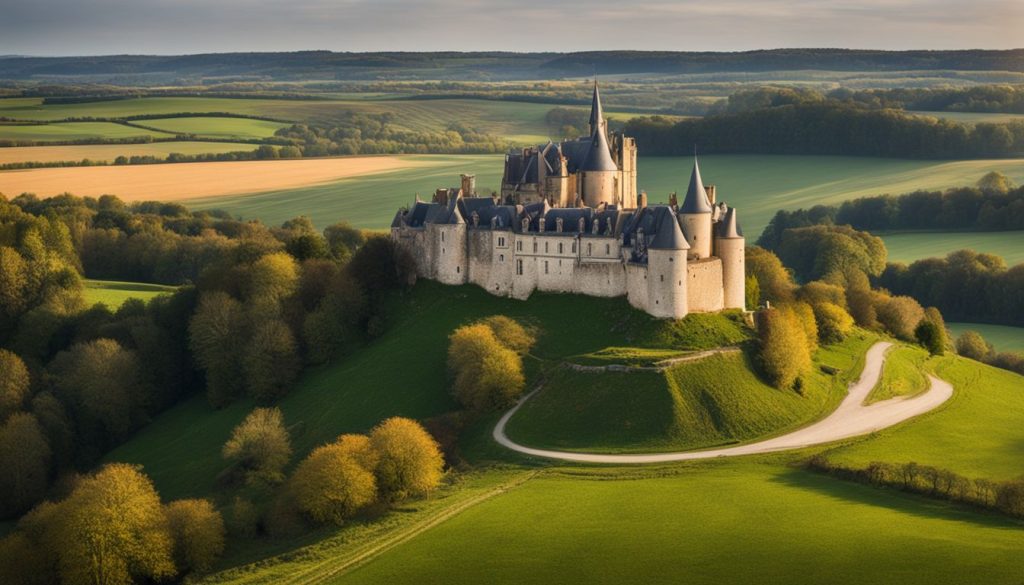 A panoramic view of the Normandy countryside with a castle in the distance, featuring diverse landscapes and no people.