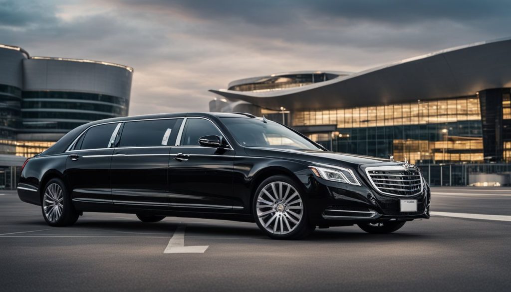 A luxury black limousine parked in front of CDG airport terminal, waiting for the airport pickup and transfer passengers to Paris 