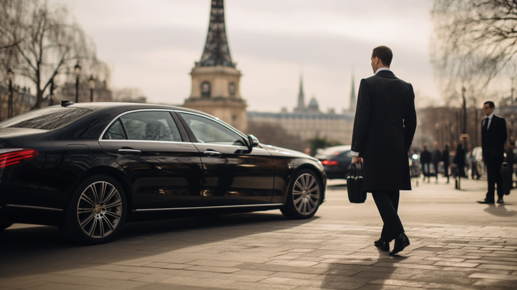 A luxurious chauffeur service by the hour in Paris, a professional chauffeur in a tailored suit opening the door of a sleek black limousine for a distinguished passenger, the Eiffel Tower in the background, capturing the elegance and sophistication of the service