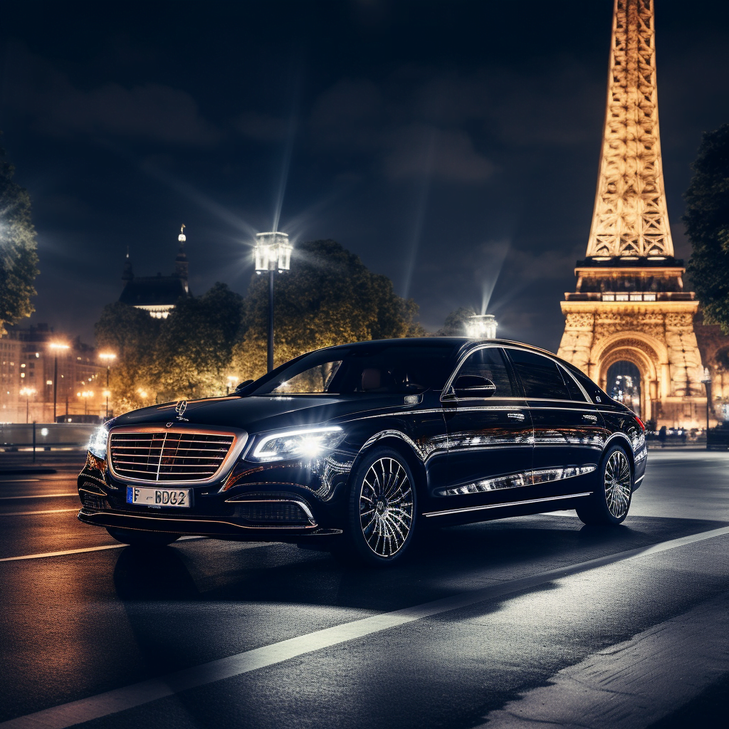 A businessman is getting into a luxury car with the Eiffel Tower in the background, surrounded by a bustling cityscape.
