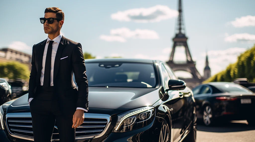 "A stylish woman with a confident expression in a sleek black car, showcasing different faces, hair styles, and outfits.