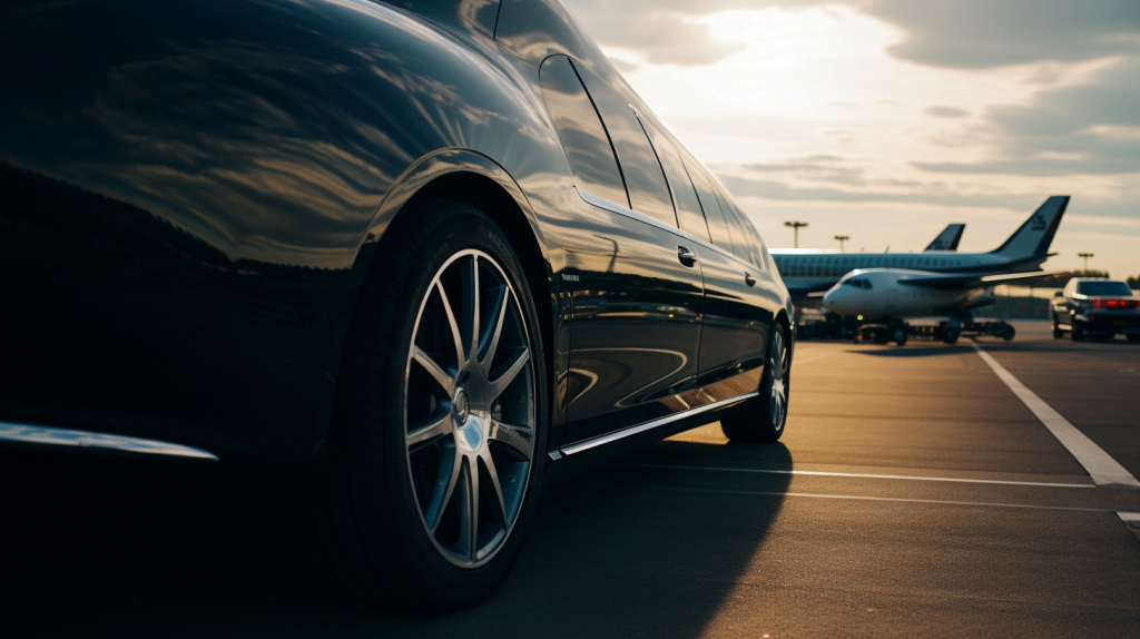 A luxurious private transfer vehicle waiting at the Charles de Gaulle airport, with a professional chauffeur opening the door for you, featuring comfortable leather seats, premium sound system, and complimentary refreshments, set against the backdrop of the bustling airport terminal, Portrait Photography, Canon EOS R6, 24-70mm lens, --ar 16:9 --v 5.2