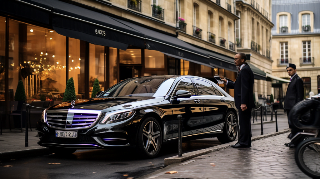 A personalized chauffeur service in Paris, showing a well-dressed chauffeur opening the door of a luxurious car for a client in front of a charming Parisian cafe. The scene is filled with the vibrant energy of the city, bustling streets, and stylish Parisians passing by, creating a sense of exclusivity and convenience