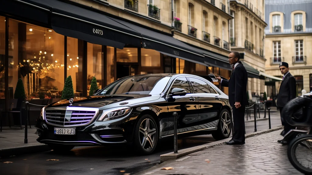 A personalized chauffeur service in Paris, showing a well-dressed chauffeur opening the door of a luxurious car for a client in front of a charming Parisian cafe. The scene is filled with the vibrant energy of the city, bustling streets, and stylish Parisians passing by, creating a sense of exclusivity and convenience