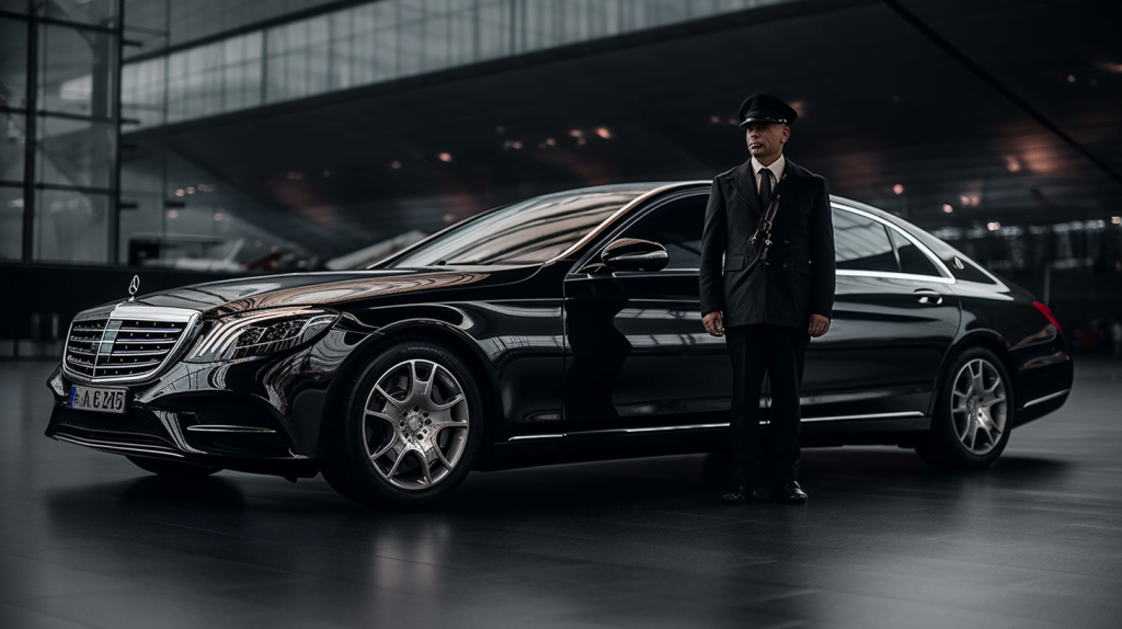 /imagine prompt: A professional chauffeur stands beside an elegant black Mercedes S-Class at Charles de Gaulle airport, ready to pick up a traveler. The car's glossy exterior reflects the airport's bright lights while the chauffeur's polite smile and pristine uniform exude luxury and comfort. The scene is set in a modern airport terminal with bustling crowds in the background, creating a sense of excitement and anticipation. The style is portrait photography shot with a Canon EOS R6 and a 50mm lens, capturing the details of the car and the chauffeur's uniform in crisp detail. --q 1 --ar 16:9 --v 5