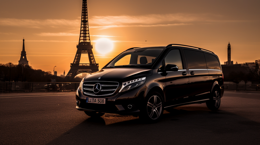 A seamless Paris airport transfer service with a private chauffeur in a spacious van, smoothly transporting the traveler to their hotel, highlighting the convenience and time-saving benefits of the service, against the backdrop of Parisian streets and architecture, landscape photography with a wide-angle lens, golden hour lighting