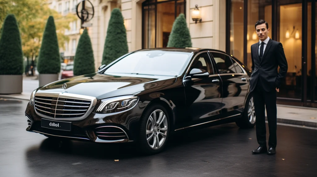 A caucasian businessman in a luxury car surrounded by modern city buildings in a bustling atmosphere.
