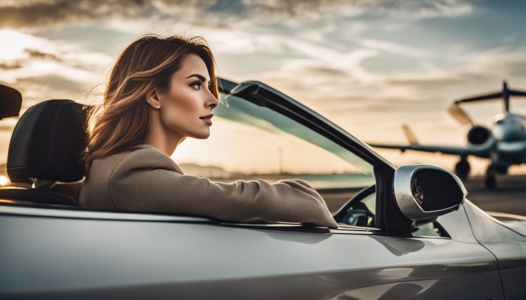 A woman in a luxury car at the airport, surrounded by planes, with various people and cityscapes in the background