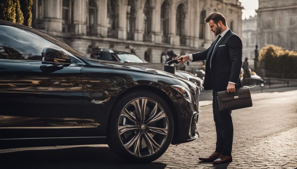 A chauffeur opens the door of a luxury car for a businessman in a cityscape, with different faces and outfits.