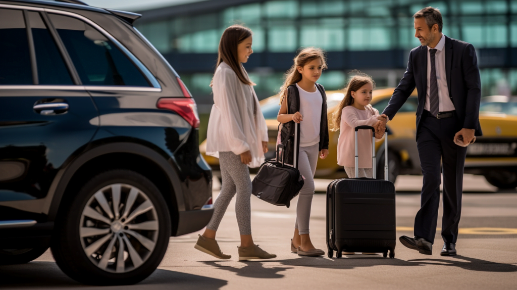 Benefits of Using a Private Transfer Service associated to Streamlining Your Travel, a happy family of four with their luggage, walking out of the airport and being greeted by a friendly driver holding a sign with their name, emphasizing the convenience and personalized service of the transfer service, Landscape Photography, Nikon D850 with 70-200mm lens