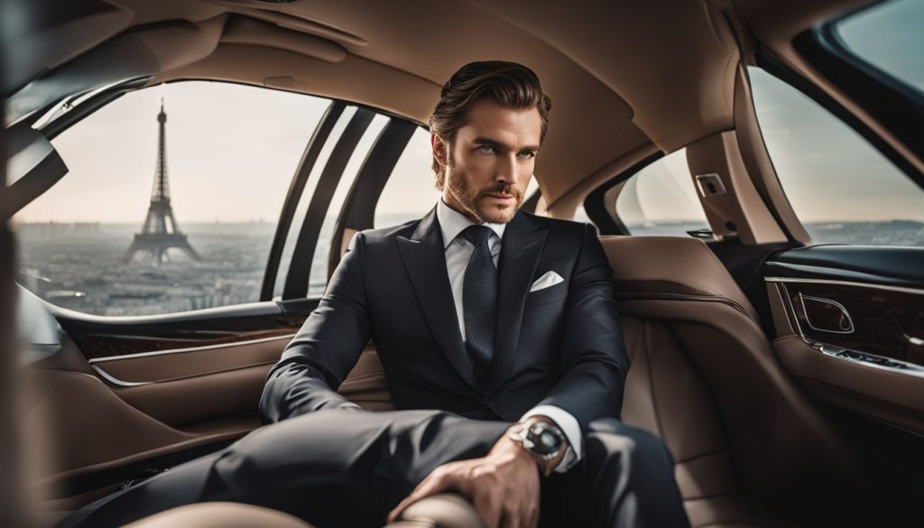A professional chauffeur waiting outside a luxurious hotel in Paris, dressed in a sleek black suit and holding a sign with the customer's name, the Eiffel Tower visible in the background, creating a sense of elegance and sophistication, Landscape Photography, shot with a wide-angle lens (24mm)