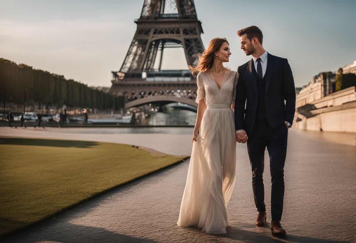 A couple posing in front of the Eiffel Tower in different outfits, with a bustling cityscape in the background.
