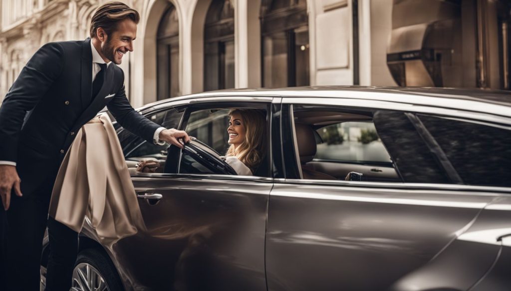 A chauffeur opens a car door for a smiling customer in front of a luxurious hotel.