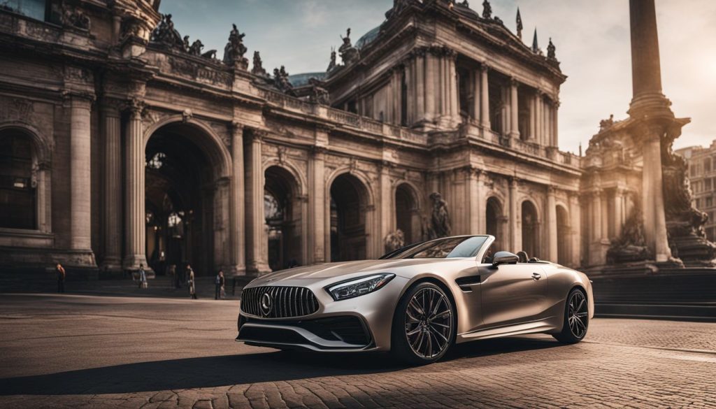 An elegant Parisian street scene with a chauffeur-driven luxury car parked by the sidewalk, a well-dressed couple stepping out of the car with excitement, bustling city atmosphere with people strolling by, showcasing the impeccable chauffeur service and the charm of Paris, Landscape Photography, captured with a wide-angle lens (24mm) to include the grandeur of the city