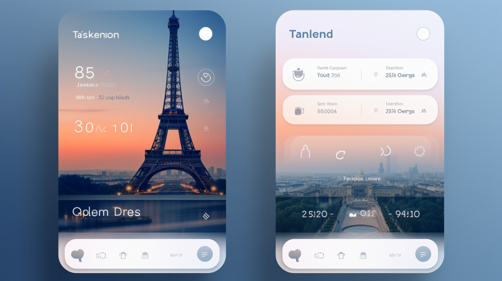 Mobile app interface for booking and tracking related to Paris airport pickup, featuring a sleek and modern design with vibrant colors and intuitive navigation, set against a backdrop of the iconic Eiffel Tower and Parisian architecture, Landscape Photography with a wide-angle lens