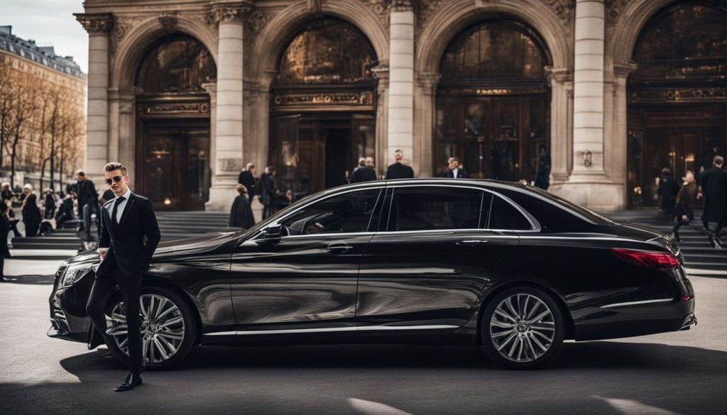 A professional chauffeur in a luxury car outside a historic Parisian landmark with a diverse group of people.