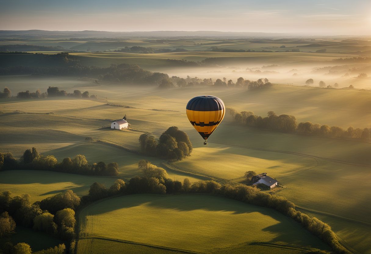 A hot air balloon hovers over the countryside, capturing a variety of faces, hair styles, and outfits in a bustling atmosphere.