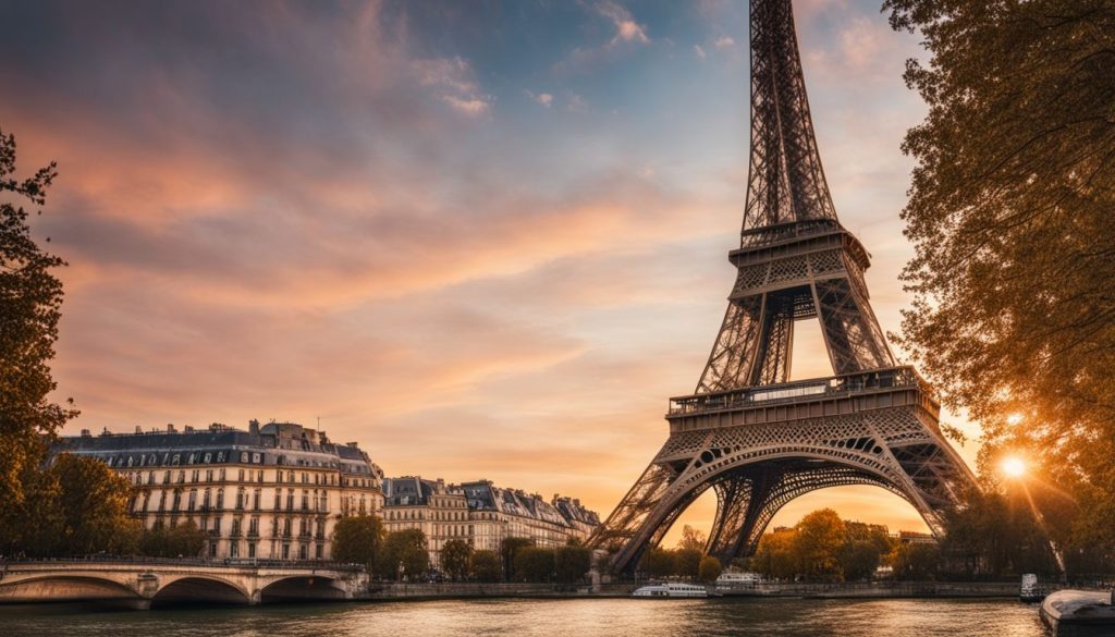 A stunning photo of the Eiffel Tower at sunset, surrounded by the beautiful architecture of Paris, with a diverse crowd of people