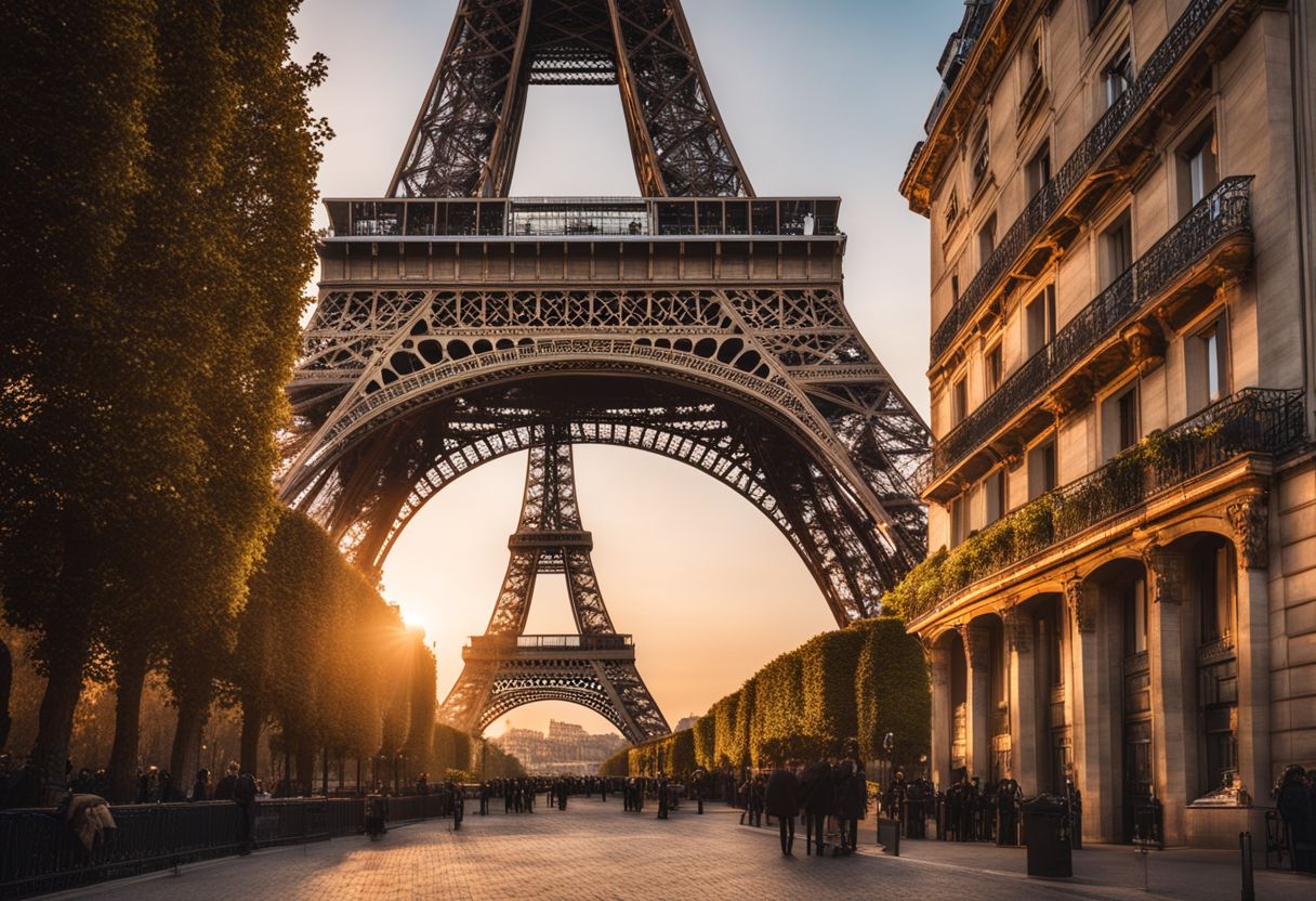 A beautiful photo of the Eiffel Tower at sunset with a romantic Parisian cityscape.