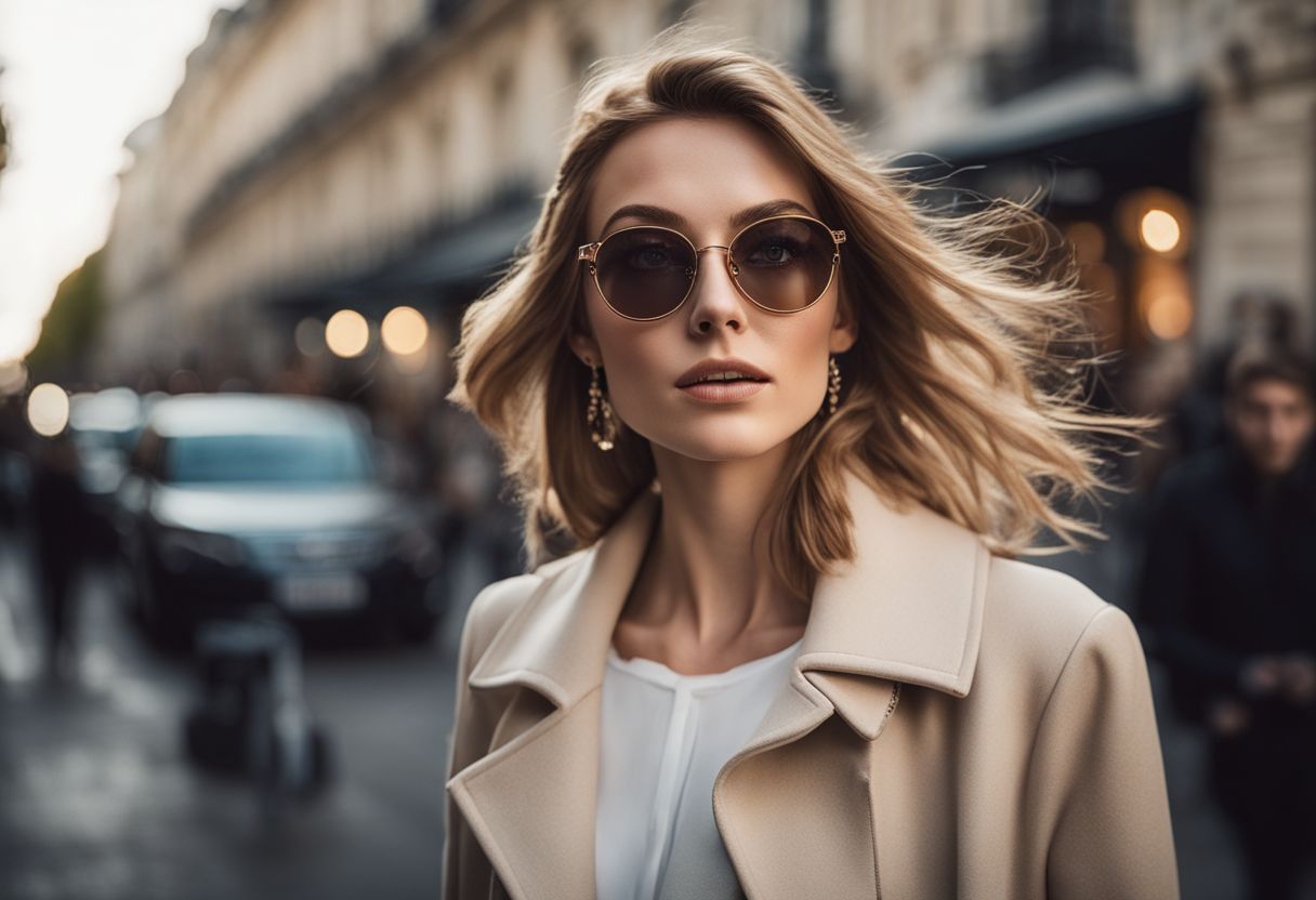 A stylish woman confidently walks through a bustling Parisian street in different chic outfits.