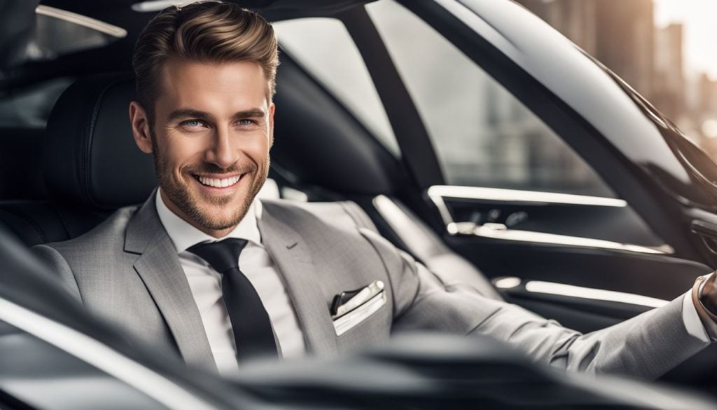 A happy chauffeur in a luxury car surrounded by a modern cityscape with different faces, hairstyles, and outfits.