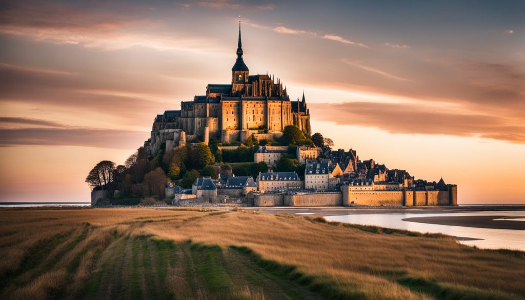 A stunning photograph of Mont Saint-Michel at sunset, showcasing its beauty and the surrounding coastal landscape.