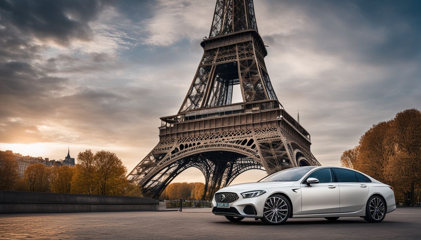 An elegant luxury car parked in front of the Eiffel Tower, surrounded by diverse people and a bustling cityscape.