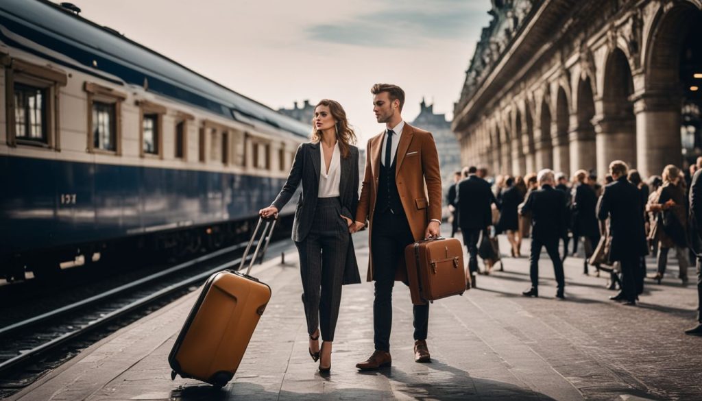 A professional customer service representative assisting a traveler at a bustling Paris train station, providing personalized guidance and support with a warm smile, while the traveler looks relieved and grateful, capturing the vibrant energy and diverse crowd in the background, Portrait Photography, shot with a 50mm lens at f/2.8
