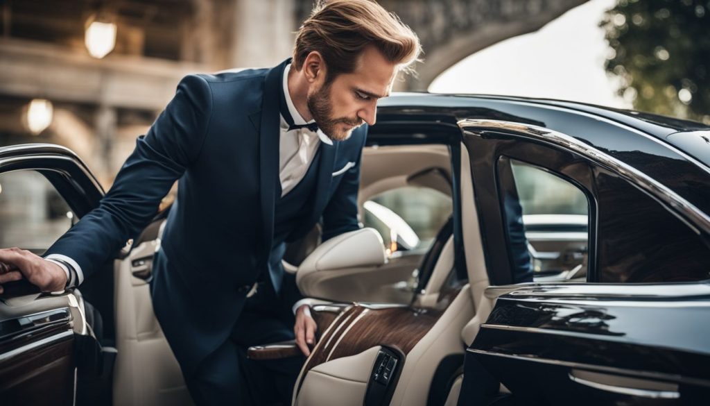 A team of highly skilled chauffeurs standing in front of a fleet of luxury vehicles, lined up neatly outside one of the bustling Paris train stations. Each chauffeur is dressed in a professional uniform and carries a tablet device for seamless communication and coordination. The scene showcases a sense of efficiency and reliability, highlighting the company's commitment to providing top-notch service. The environment is busy, with passengers coming and going, and the train station's grand architecture adds a touch of elegance. Landscape Photography, using a wide-angle lens to capture the entire scene and emphasize the scale of the fleet and the station