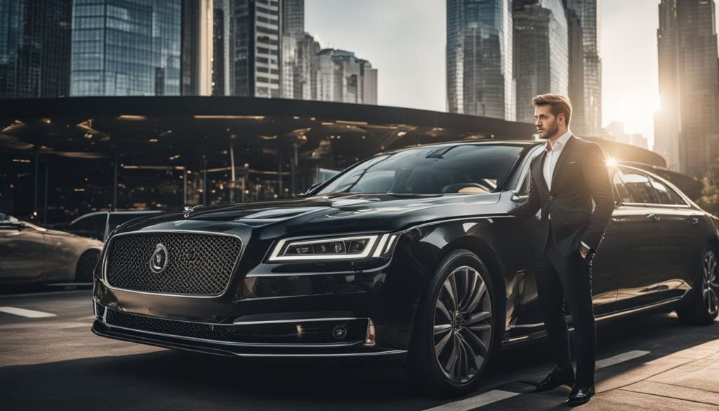 A professional and efficient transfer service at Paris train stations, showcasing our reliability and punctuality. A close-up shot of a smartly dressed chauffeur opening the door of a luxury sedan for a satisfied customer, with the iconic Paris train station in the background. The scene exudes sophistication and trustworthiness, capturing the attention to detail in the chauffeur's uniform, the sleek design of the car, and the hustle and bustle of the train station. Portrait Photography, shot with a 50mm lens