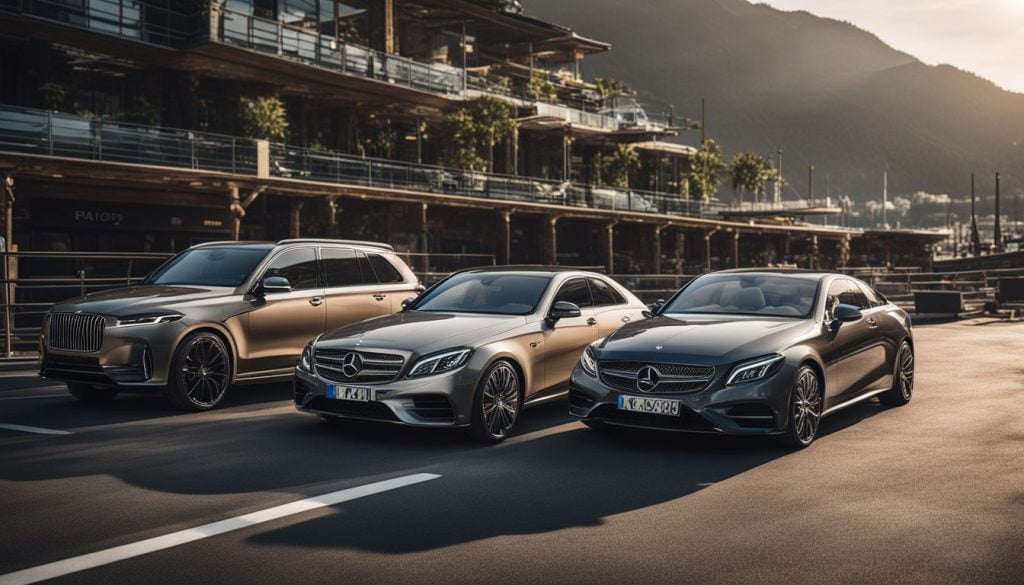 A collection of high-end luxury vehicles parked outside a modern showroom, sunlight reflecting off their sleek exteriors, each vehicle showcasing its unique features and elegance, Landscape Photography, shot with a wide-angle lens (e.g. Canon EF 16-35mm f/2.8L III USM) at f/8