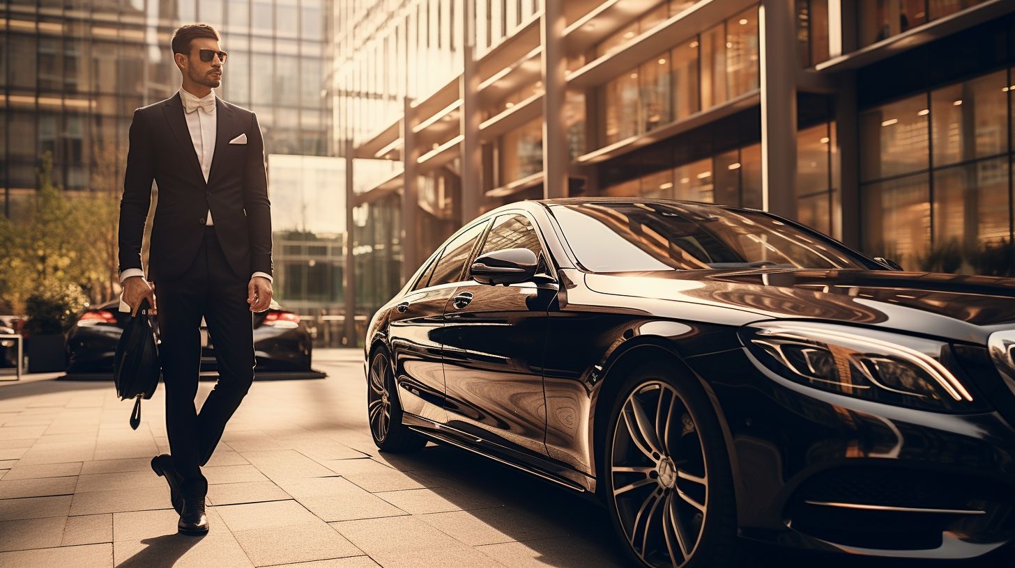 A fancy car with a chauffeur parked in front of a luxurious hotel in a city.